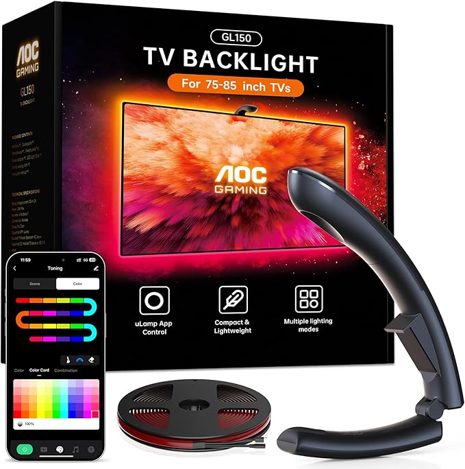 AOC TV Backlight Sync to Screen, Behind TV LED Changing Lighting for 75-85 Inch TVs, RGB LEDs Strip Lights with Sensor for Home Decorations Smart App Control, Movie Game Music & DIY Mode, 18.0FT