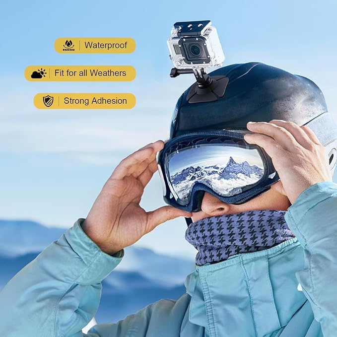 Adhesive Helmet Camera Mount Fits for GoPro Hero 13, Insta360 X5/X4/X3 and DJI Action Sports Cameras, Flexible Sticky Accessories Bracket Base for Motorcycle, Surfboard, Snowboard, 2 Pack