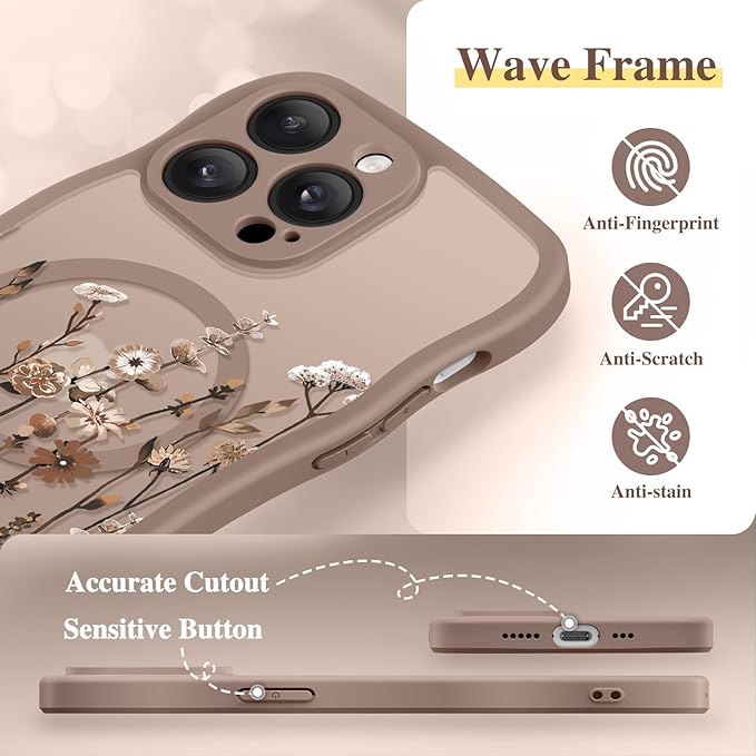 GVIEWIN for iPhone 14 Pro Case Compatible with MagSafe [Curly Wave Edge][Full Camera Protection] Floral Translucent Shockproof Magnetic Women Phone Case for 14 Pro, Floratopia/Brown