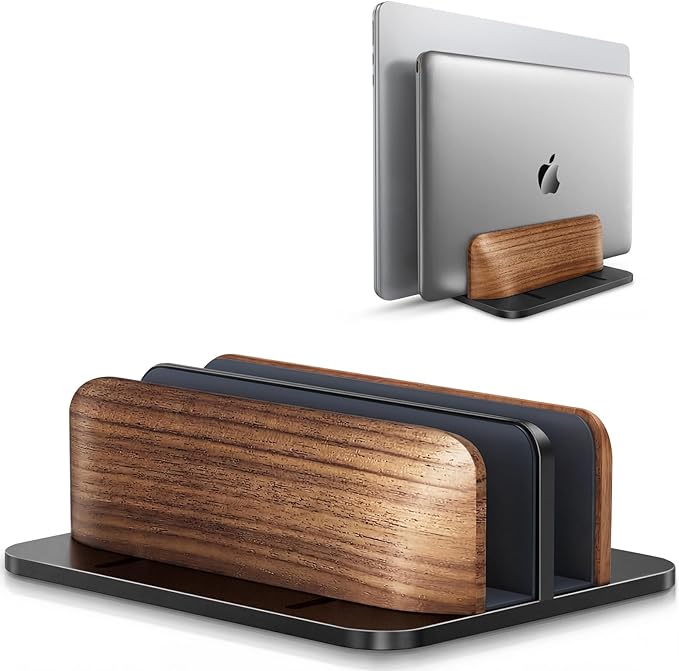LOXP Vertical Laptop Stand, [Dual Slot Wooden + Aluminum Laptop Holder], Desktop Adjustable MacBook Stand, Adjustable Base, for MacBook Pro/Air, (up to 17.3-inch All laptops)
