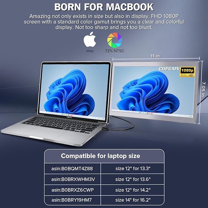 12'' Portable Monitor for Laptop Screen Extender for 13.3'' MacBook, Designed for MacBook Screen Extender FHD 1080P IPS Display Plug and Play P1M