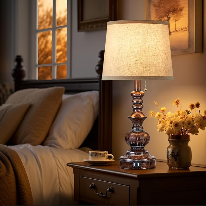 Drawealth Vintage Bedside Table Lamps Set of 2 for Bedroom Nightstand Lamps with USB Charging Ports Rustic Farmhouse Small Table Lamp for Living Room End Tables Brown Wooden Finish, Pull Chain