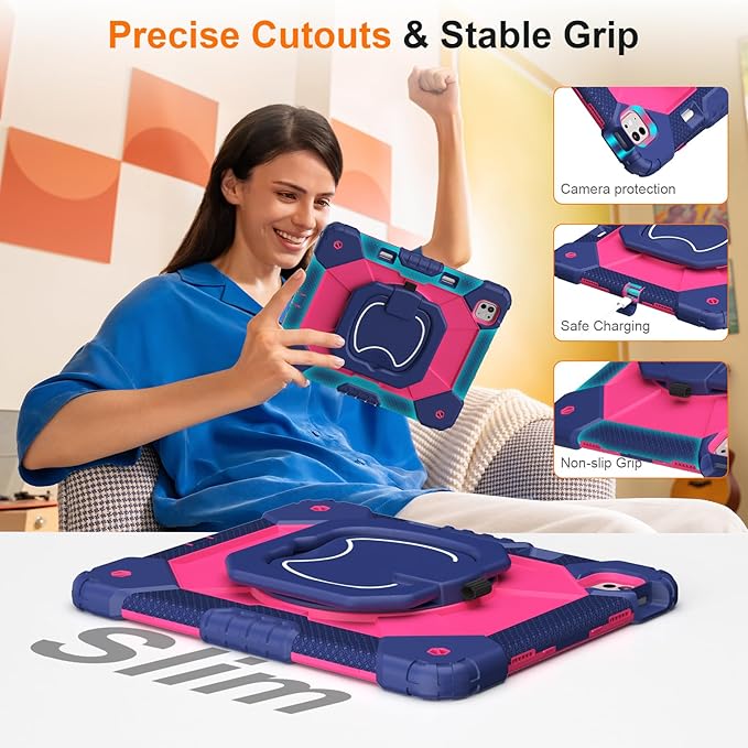 Case for iPad Pro 13 Inch M5 2025/ M4 2024, Ubearkk for iPad Pro 13 Inch case with Screen Protector, 360 Degree Rotating Stand Shoulder Strap Pencil Holder,Military Grade Shockproof, Navy Pink