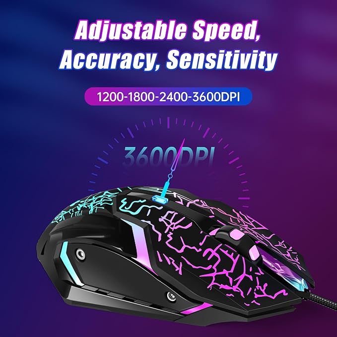 Gaming Mouse, 4 DPI Settings Up to 3600 DPI, Light Up RGB Ergonomic Optical Gaming Mice for Laptop/mac, Computer Wired USB Mouse, 7 Colors LED Backlight, 6 Buttons-Black