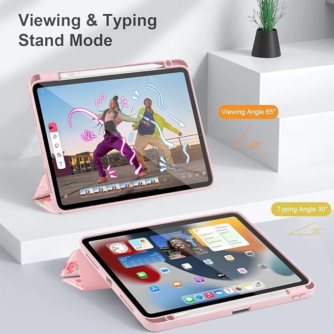 May Chen for iPad Pro 13 Inch Case M5 2025 / M4 2024, Built Pencil Holder & Clear Transparent Print Back Shell Slim Stand Shockproof Tablet Cover, Auto Wake/Sleep, Bow Strawberry