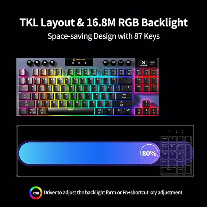 Hexgears Immersion A3 Low-Profile Wireless Mechanical Keyboard, TKL Hot-Swappable Aluminum Gaming Keyboard, BT5.0/2.4GHz/USB-C Tactile Switches, RGB Backlit, TFT Screen & 5800mAh Battery for Pc/Mac