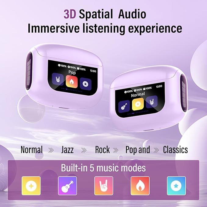 Thunelec Wireless Earbuds, Bluetooth 5.4 Headphones with Multifunctional Touch Screen, 48H Bass Stereo Ear Buds with ANC/ENC Noise Cancelling/Transparency Mode, IPX7 Earphones with 5 EQ Modes, Purple