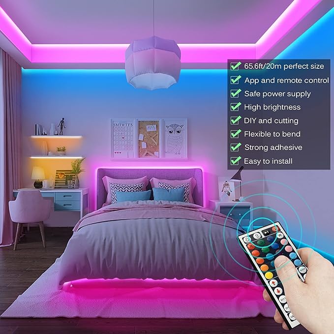 Tenmiro Led Lights for Bedroom, Music Sync LED Rope Lights APP Control with Remote, RGB Led Strip Lights for Room Kitchen Party Home Decoration (65.6ft)