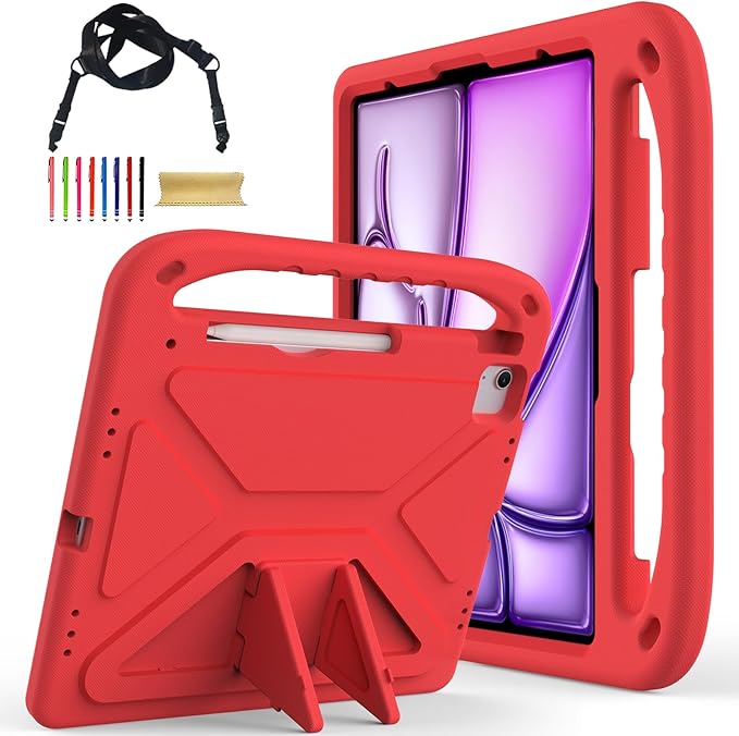 Cute Kids Case for iPad Air 13" M4 M3 M2 2026 2025 2024/ Pro 13 Inch M5 M4 Cover 2025 2024, iPad Pro 12.9 Case 2022/2021/2020/20218, Soft EVA Handle Cover with Shoulder Strap Stand, Red