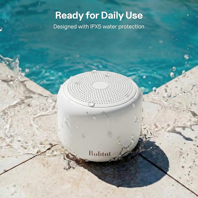 Bobtot Portable Bluetooth Speakers with Strap Easy to Carry, Wireless IPX5 Waterproof Mini Speaker with Loud Stereo Sound, 20 Hours Playtime, Rechargeable Battery, Built-in Microphone, White