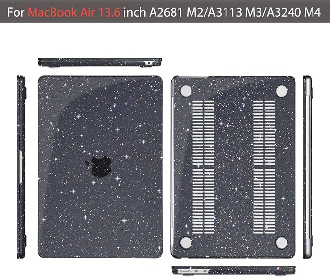 Teryeefi for M5 MacBook Air 13.6 inch Case with M2 M3 M4 2022 2023 2024 2025 2026 Release Model A2681/A3113/A3240/A3449, Glitter Protective Hard Shell & Keyboard Cover & USB 3 Adapter,Sparkly Black
