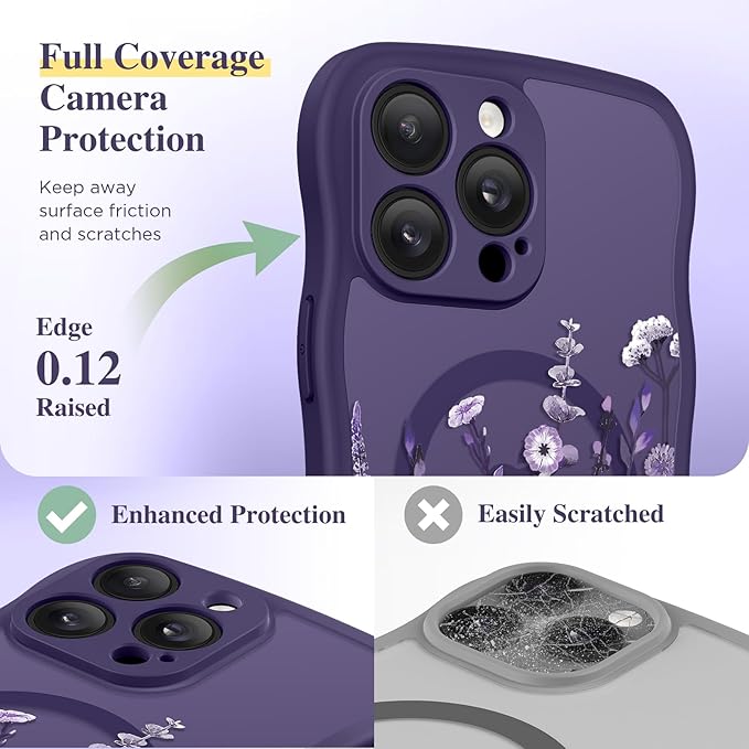GVIEWIN for iPhone 14 Pro Case Compatible with MagSafe [Curly Wave Edge][Full Camera Protection] Floral Translucent Shockproof Magnetic Women Phone Case for 14 Pro, Floratopia/Deep Purple