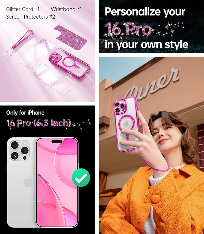 Meifigno Case Designed for iPhone 16 Pro 6.3 Inch, [Compatible with MagSafe] [2X Screen Protectors] [Glitter Card & Wrist Strap] Surround Lens Protection Designed for iPhone 16 Pro Case, Hot Pink