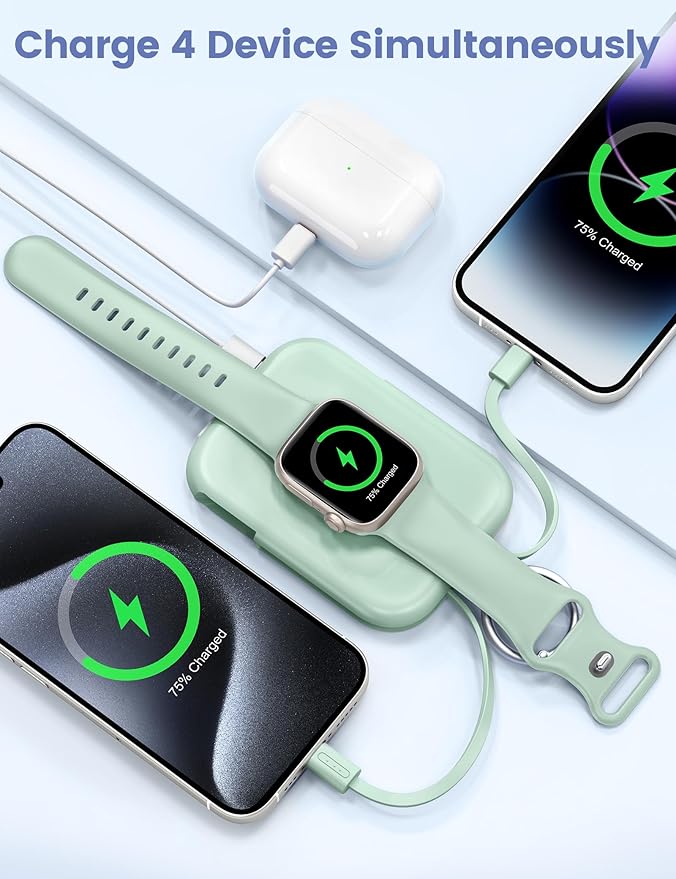 RORRY Portable Charger, 5000mAh Portable Charger Power Bank with Built-in Cables, Travel Keychain Battery Pack for Apple Watch Ultra/11/10/9/8/7/6/SE, iPhone Air/17/16/15/14/13/12, Green