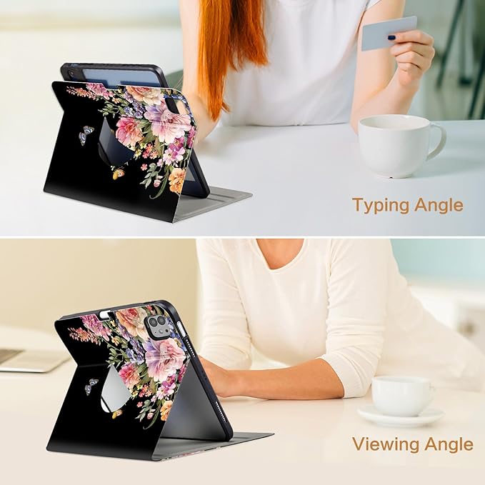Vimorco for iPad Air 11 Inch Case M4 2026,for iPad Air 5th/4th Gen Cases 10.9-inch,for iPad Pro 11 Inch Case 4th/3rd/2nd/1st Generation 360 Degree Rotating Pencil Holder 4 Viewing Angles, Black Flower