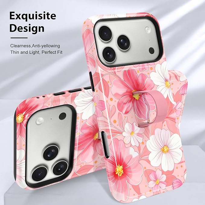 KANGHAR Compatible with iPhone 17 Pro Case, Support for MagSafe, Silicone Flower Floral Cute Pattern, Finger Hold Wristband Kickstand Camera Protection Soft Slim Phone Case for Girls Women -Pink