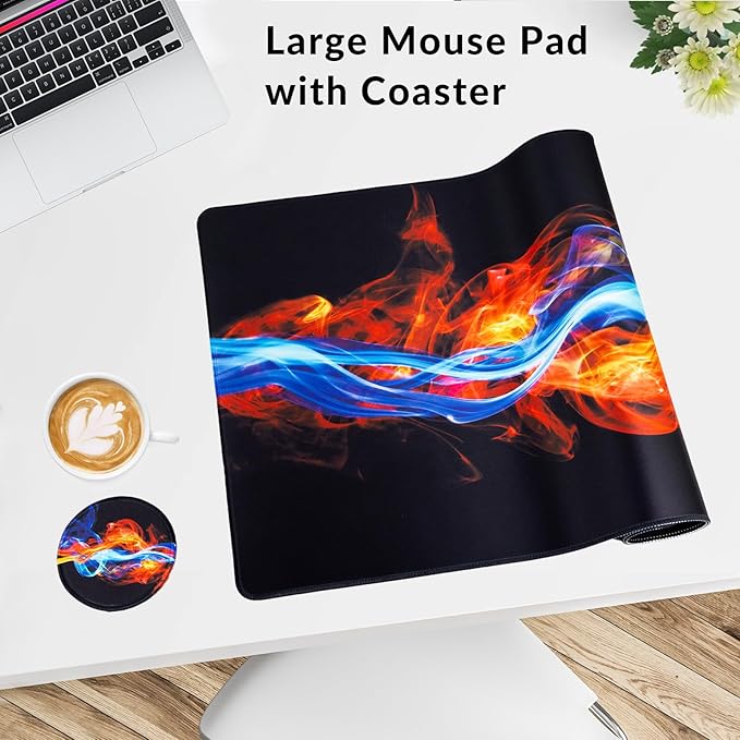 Large Gaming Mouse Pad with Coaster, Desk Matt for Desktop, Desk Pad, Mouse Pads Mat, Stitched Edges Big Extended Mousepad for Computer Keyboard Laptop Office Decor, 31.5'' x15.6''-Ice and Fire
