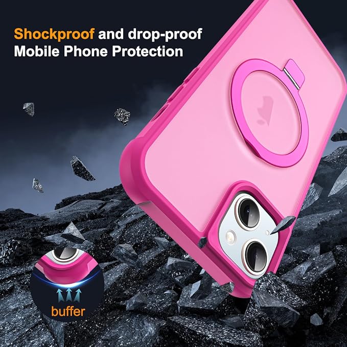 SKYLMW Compatible with iPhone 14 Plus Case with Invisible Magnetic O-Ring Stand Military-Grade Translucent Case for iPhone 14 Plus 6.7" [Compatible with Mag-Safe][Great Grip Feeling], Rose