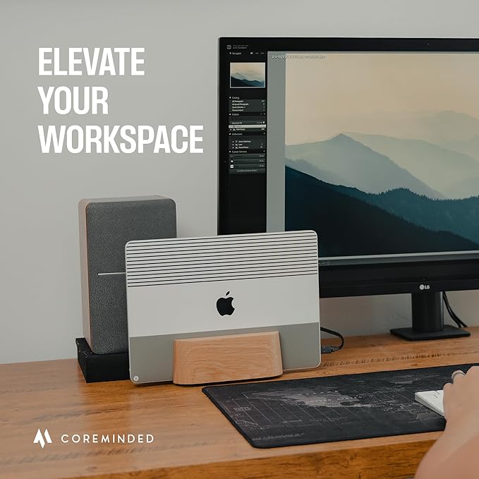 COREMINDED Adjustable Vertical Laptop Stand for Desk, Wooden Laptop Holder, MacBook Pro Stand, Wood Mac Air Dock (Solid Walnut)