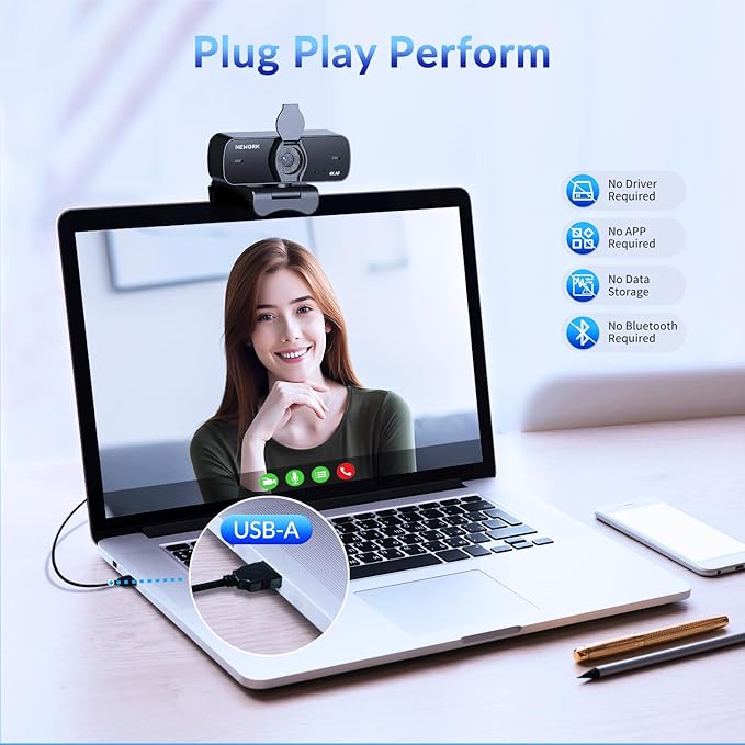 4K Webcam for PC with 2 Noise-Cancelling Microphones, Stable Auto Focus, Plug&Play Computer Camera for Online Teaching, Meetings, and Remote Communication