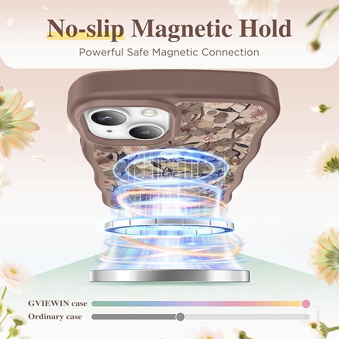 GVIEWIN Cute for iPhone 14 Case & iPhone 13 Case [Compatible with MagSafe] [Curly Wave Edge] Floral Translucent Magnetic Shockproof Protective Phone Cover for iPhone 14/13 6.1'', Apricot Blossom/Brown