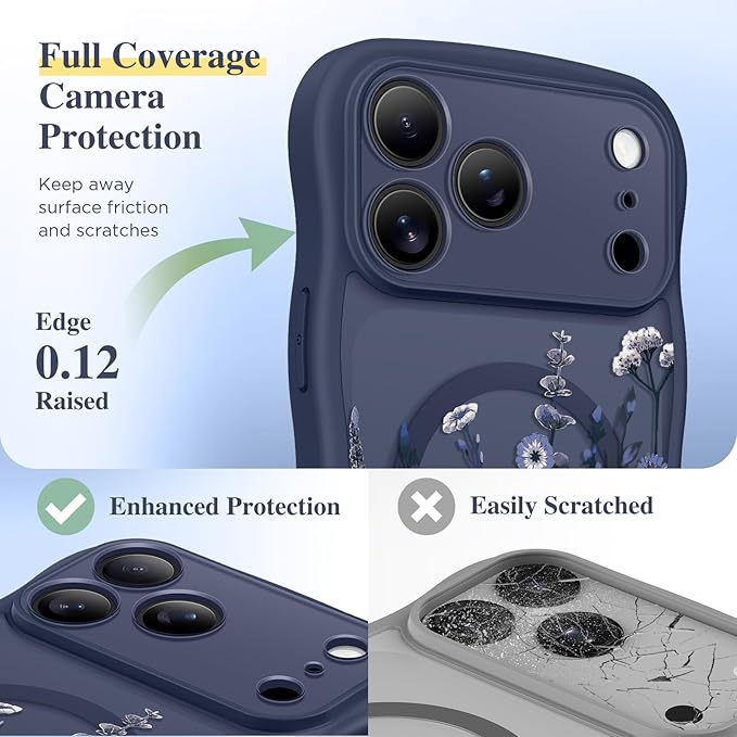 GVIEWIN for iPhone 17 Pro Case Compatible with MagSafe [Curly Wave Edge][Full Camera Protection] Floral Translucent Shockproof Magnetic Women Phone Case for iPhone 17 Pro 6.3'', Floratopia/Blue