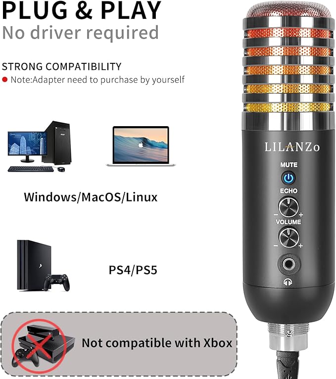 USB Condenser Microphone for PC PS4, PS5 Streaming Singing Podcast Studio, Computer Cardioid Gaming Mic Kit for Recording YouTube with Boom Arm Stand Pop Filter, Mute Button, Volume, Echo