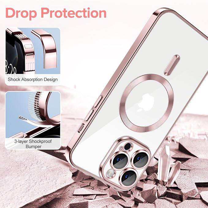 Hython Magnetic Clear for iPhone 12 Pro Case with Camera Lens Protector [Compatible with MagSafe] Luxury Plating Edge Slim Soft TPU Cover Protective Phone Case for iPhone 12 Pro 6.1", Pink
