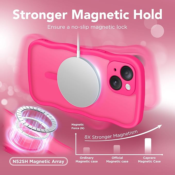 CAPRARO Cute for iPhone 15 Plus Case, Compatible with MagSafe, [Curly Wave Edge] [Full Camera Protection] [14 FT Drop Protection] Magnetic Phone Case for 15 Plus 6.7 Inch, Hot Pink