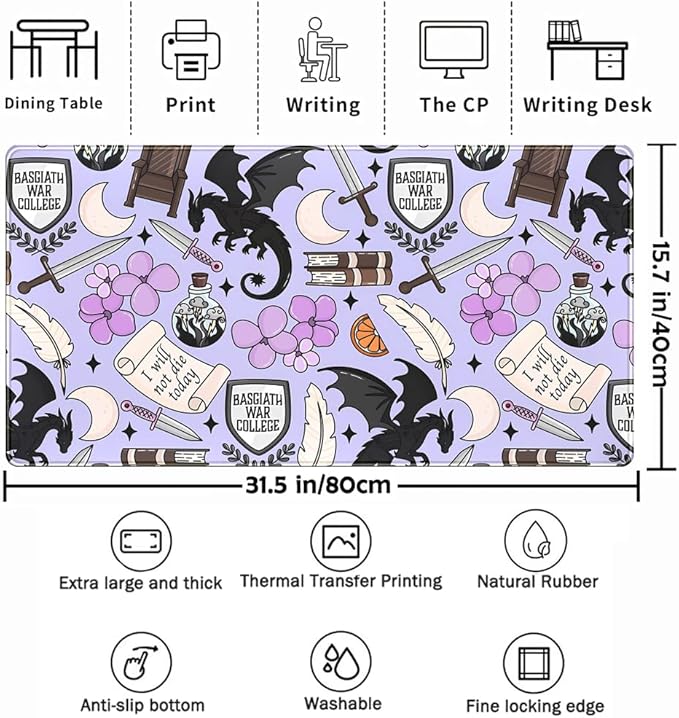 Cute Desk Pad Kawaii Black Loong Mouse Pad Purple Magic Desk Keyboard Pad, Large Gaming Mouse Pad for Desk Decor Computer Desk Home Office Decor for Girl with Stitched Eges Protector Mat 31.5x15.7 in