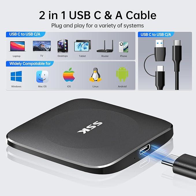 SSK External SSD 256GB,Portable SSD Hard Drive up to 550MB/s,Solid State Drives Type C+USB A External Storage Drive USB 3.2 GEN2 USB C Drive for iPhone 15/Android/Windows/Tablet/Mac/Xbox