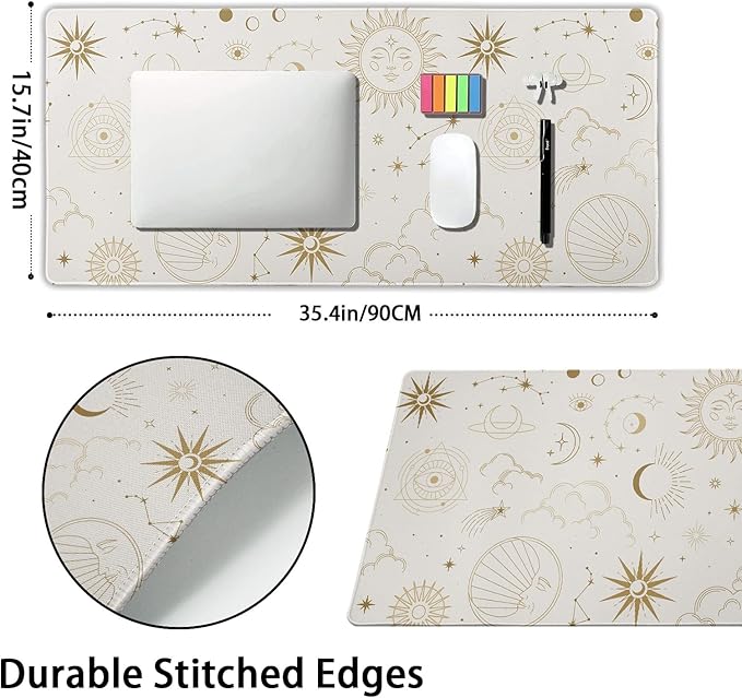 Boho Chic Sun Moon Large Mouse Pad XXL Magic Mystical Galaxy Stars Clouds Extended Large Desk Mat White Big Desk Pad 90X40 CM Non-Slip Rubber Base Stitched Edge Long Mousepad,35.4 x 15.7 Inch