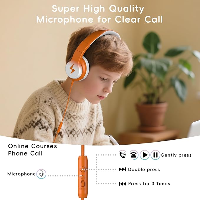 Candy Bila Kids Headphones, Wired Headphones for Kids Over Ear with Microphone, 85/94dB Volume Limiter Headphone for Girls Boys, Foldable Headphone for Learning & Entertainment, White and Orange