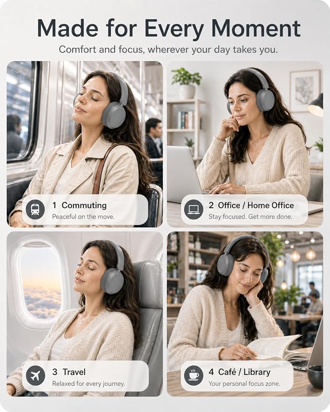 Wentronic Y05 Bluetooth Over-Ear Headphones with Active Noise Cancelling, Hi-Res Audio, 48H Playtime, Built-in Mic, Wired/Wireless, Works with iOS, Android & PC, Grey