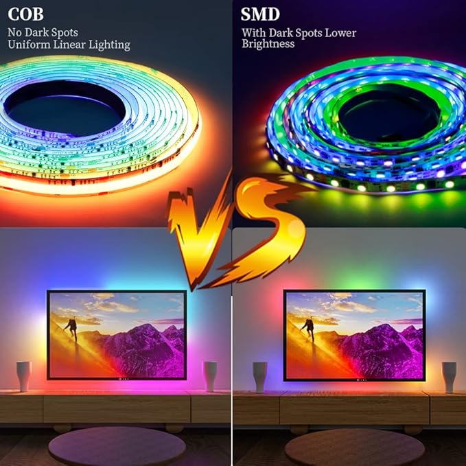 Smart WS2811 IC RGB COB LED Strip 6.56FT/2M, 720LED/m 20IC/M 10mm Width High Density Uniform Chasing Color Light DC12V White PCB Flexible Tape Light(No Adapter or Controller)