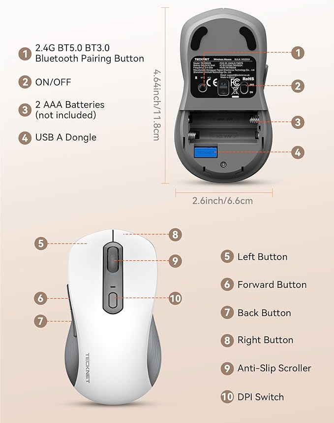TECKNET Bluetooth Mouse, [ USB + BT1 + BT2 ] Wireless Mouse for Laptop, Silent Click, Ergonomic Design, 4800 DPI Computer Mice Wireless, Dual Mode for Laptop, Computer, iPad, MacBook