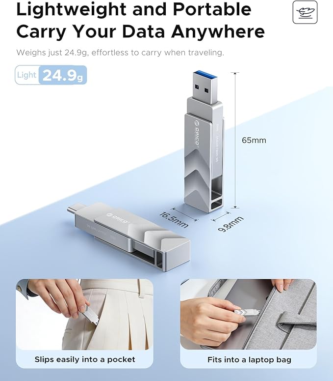 ORICO 128GB USB C Flash Drive, USB 3.2 Gen 1 Dual Drive 150MB/s, Zinc Alloy Thumb Drive with USB-A & USB-C for iPhone 16/15/17 Series, MacBook, Android Phone, iPad, PC, Laptop, Travel & Data Storage