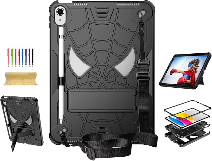 Dteck for iPad Air (3rd Generation) 2019/iPad Pro (2017 Release) Hard Shell Case 10.5" with Kickstand, Shoulder Strap/Screen Protector Film/Stylus Included, Shockproof Cute Spider Kid's Cover, Black
