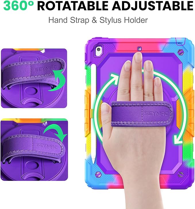 SEYMAC Kids Case for iPad 9th/8th/7th Generation 10.2 Inch with Screen Protector, Rotatable Hand Strap/Stand, Shoulder Strap, Shockproof Heavy Duty Protective Case for iPad 10.2, Colorful Purple