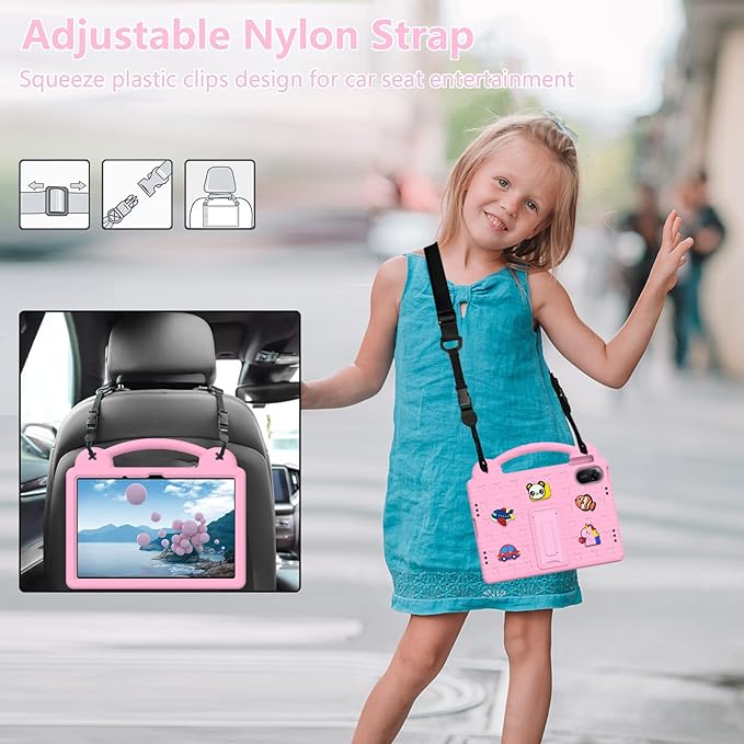 AKABEILA Compatible with Xiaomi Redmi Pad 2 2025 11 inch Tablet Case, Kids Friendly Universal Lightweight Shockproof Protective Case with Shoulder Strap & Stand Handle Pink