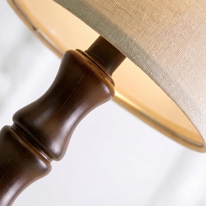 BOBOMOMO 20.5" Classic Table Lamps Set of 2, Farmhouse Nightstand Lamps with Dark Wood Grain Resin Base & Linen Shade, Small Bedside Lamps for Bedroom, Living Room, Home Office & Cozy Apartment Décor