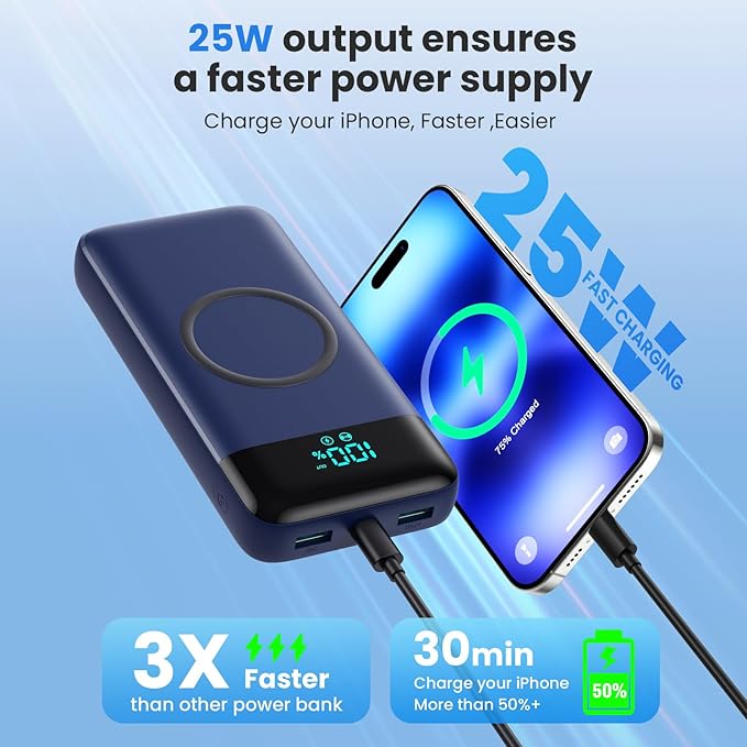 Wireless Portable Charger 40800mAh with 3 Built-in Cables,7-in-1 15W Wireless Charging Power Bank,25W PD QC 4.0 USB C Fast Charging Travel Essential Battery Pack for iPhone 17/16/15/13/12,Android-Blue