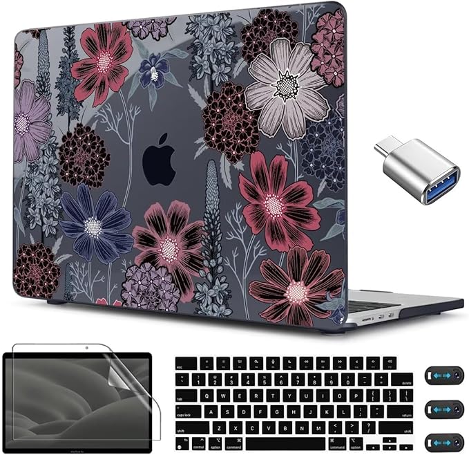 CISSOOK Compatible with MacBook Air 13.6 inch Case 2022 2023 2024 2025 2026 Model A2681 A3113 A3240 A3449, Plastic Hard Case with Keyboard Cover Screen Protector Type C Adapter, Texture Flowers