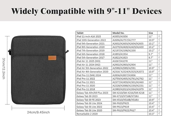 TiMOVO 9-11 Inch Tablet Sleeve Bag with Shoulder Strap for iPad 11-inch A16 2025, iPad 10th Gen. 10.9"/10.2", Galaxy Tab A9 Plus 11", Black & Grey