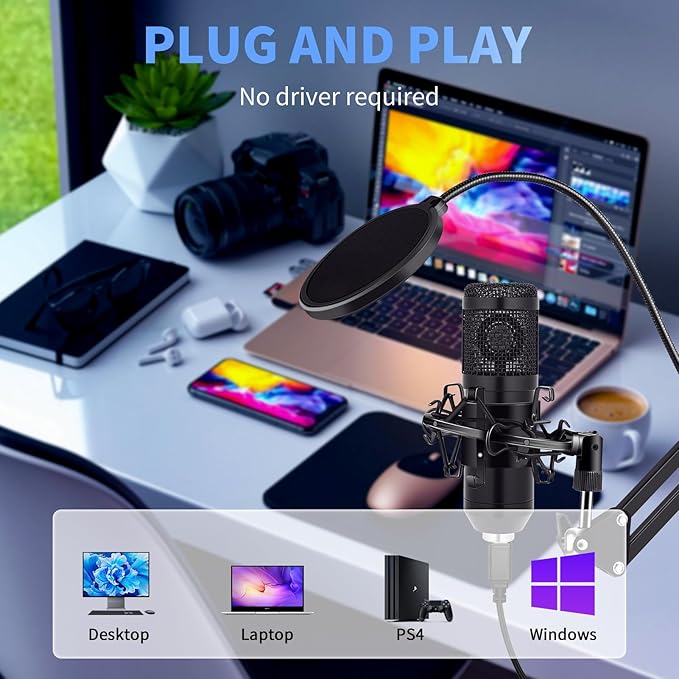 GUHUS USB Condenser Microphone,Computer PC Microphone Kit with Adjustable Boom Arm Stand Shock Mount for YouTube Vocal Gaming Streaming