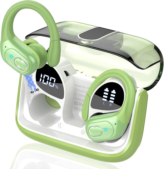 Wireless Earbuds 75hrs Bluetooth 5.4 Headphone Sport, 2026 Bluetooth Earbuds Stereo Deep Bass Over Ear Bud with Earhooks, ENC Noise Cancelling Mic, IPX7 Waterproof Earphone for Gym/Workout, Green