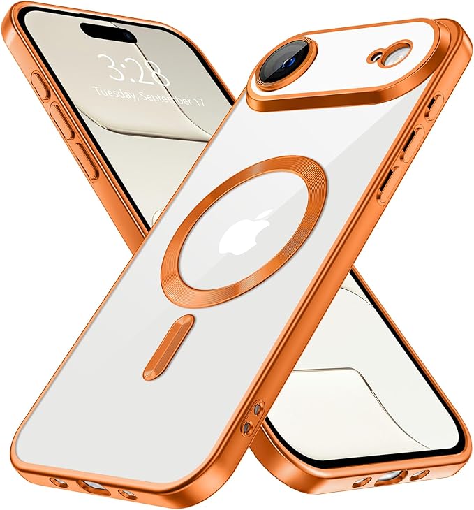 Hython Magnetic Clear for iPhone Air Case with Camera Lens Protector [Compatible with MagSafe] Luxury Plating Edge Slim Soft TPU Cover Protective Phone Case for iPhone Air 6.5", Matte Orange