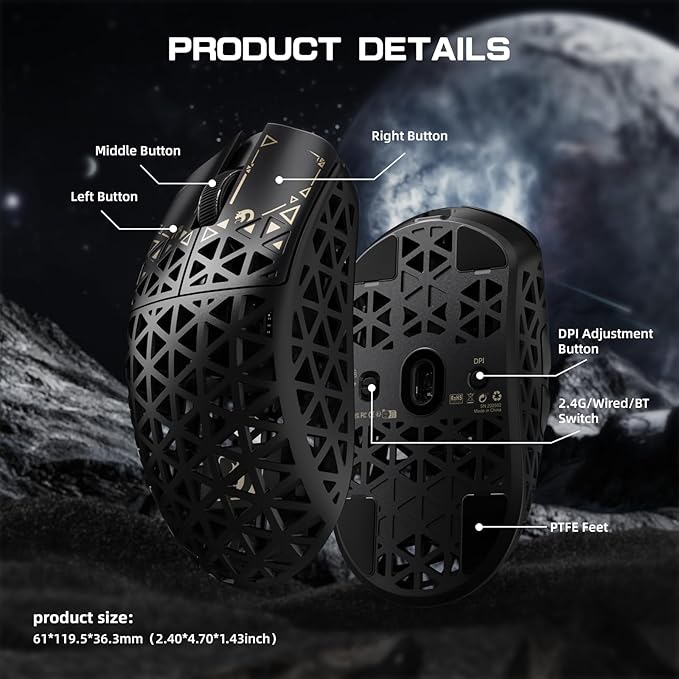 MAMBASNAKE M5 Ultra Carbon Fiber 8KHz Wireless Gaming Mouse,PAW3950MAX Sensor 42K DPI,39g Lightweight Tri-Mode 2.4GHz/BT/Wired Computer Mice,Web Driver Support,for Win/Mac/FPS/MOBA/Esports-Black (A)