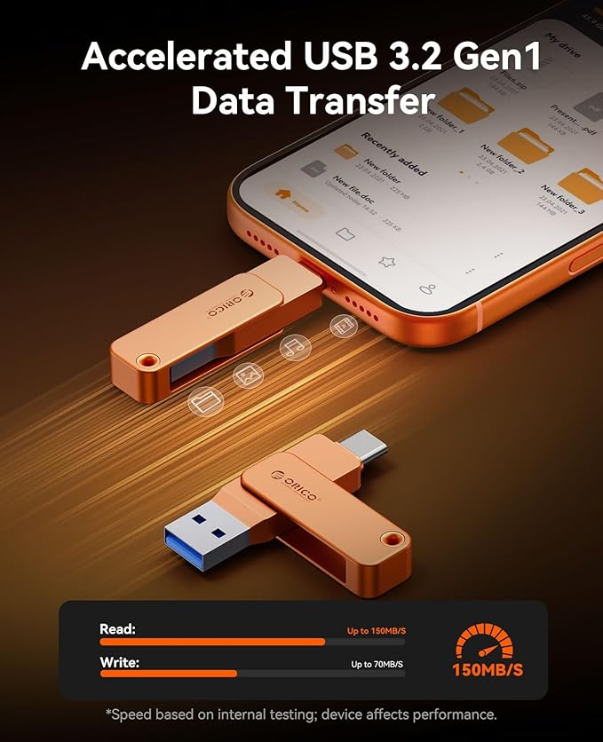 ORICO USB 3.0 Flash Drive 150MB/S Metal Housing Swivel Design Support OTG Function 2 in 1 PenDrive 128GB for USB C and USB A Devices -EB05 OR