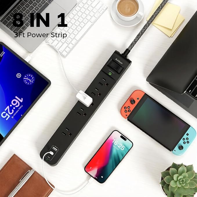 Addtam 2 Pack Power Strip Surge Protector – 5 Wide Spaced Outlets 3 USB (2 USB-C) Charging Ports, 1875W/15A, 15ft Braided Cord, Flat Plug, Overload Surge Protection, Wall Mount for Home, Office & Dorm
